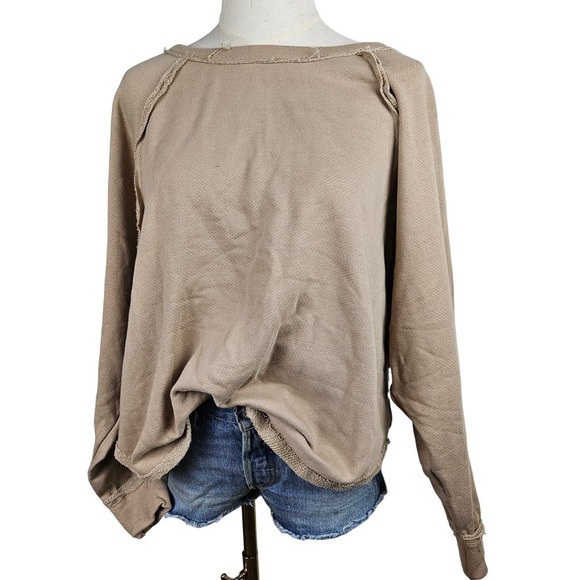 Bucket List French Terry‎ Oversized Sweatshirt M Tan Raw Seam Wide Neck - Picture 1 of 6